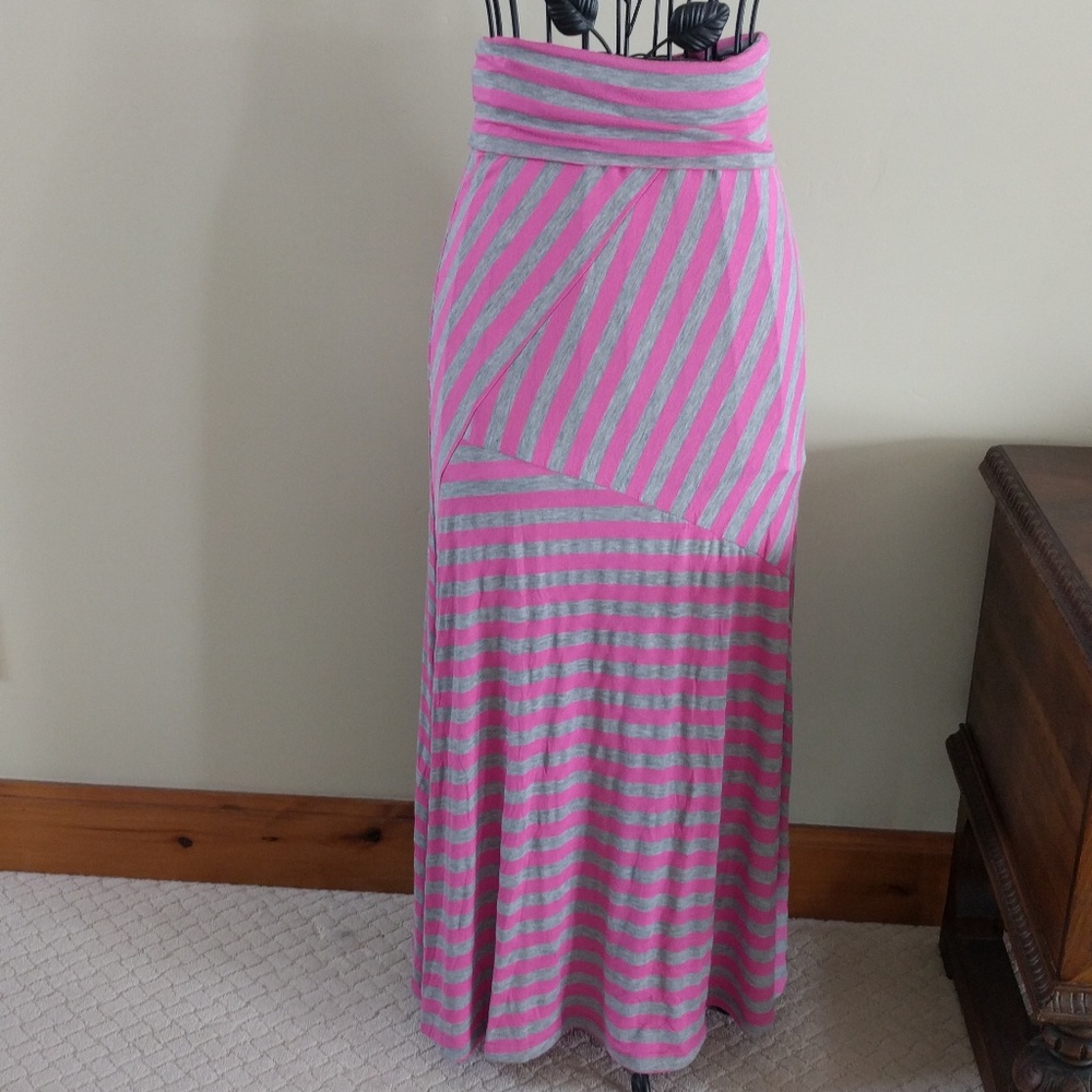 Pink Grey Stripe Maxi Skirt Fold Waist Rayon Blend
